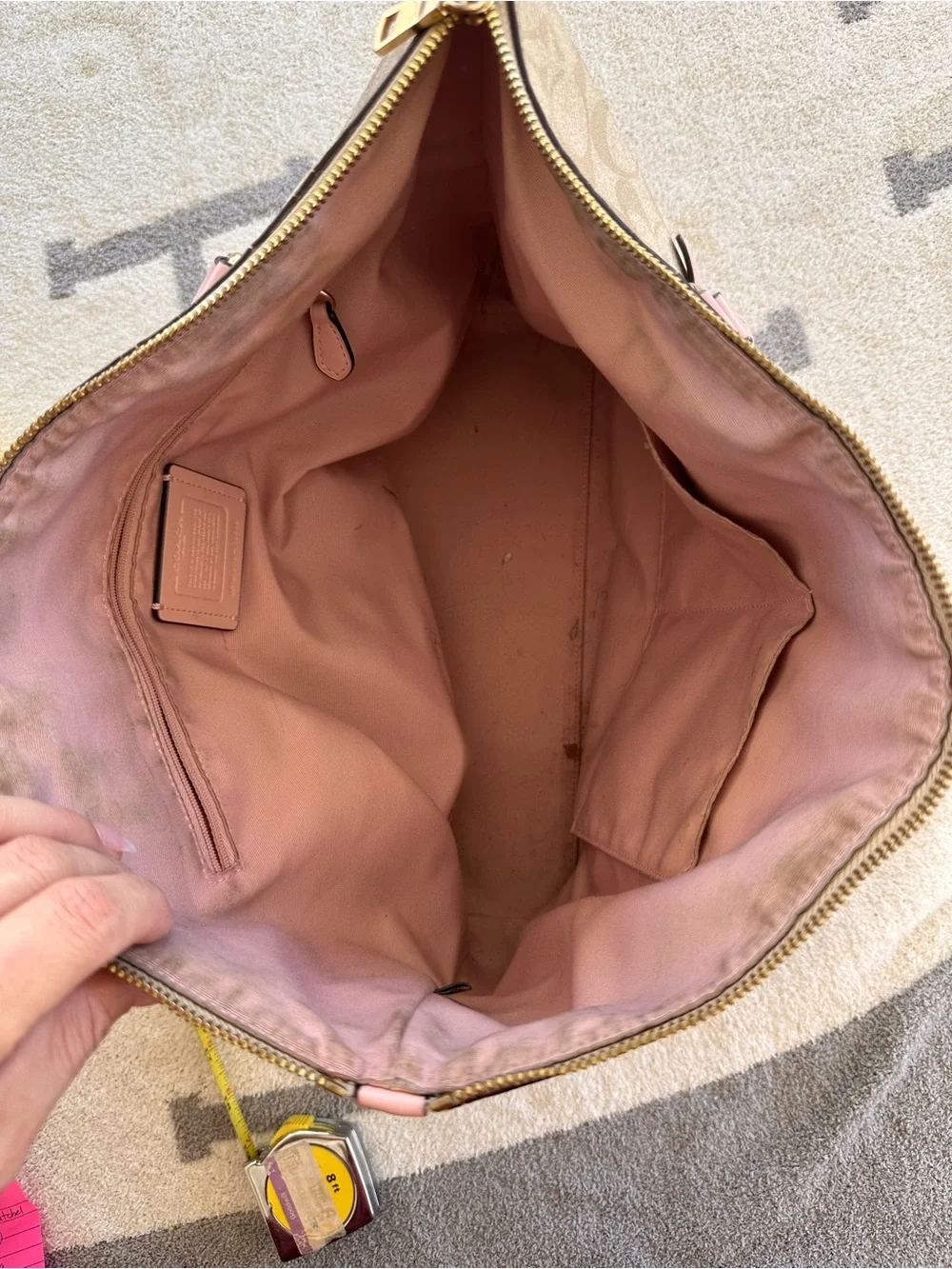 Coach Beige Signature Tote with Pink Leather Handles 2019 Coach gallery tote